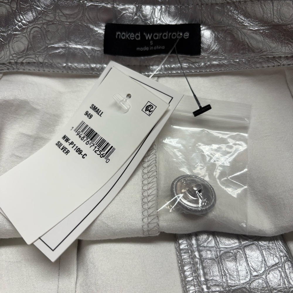 NAKED WARDROBE The Crocodile Faux Leather Joggers Metallic Silver Size Small NWT - Picture 11 of 13